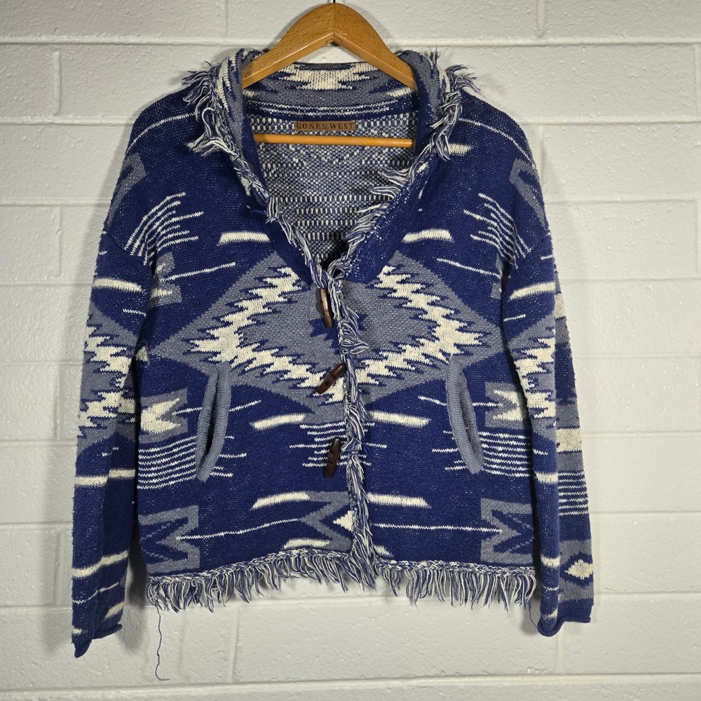 Southwest Cardigan‎ Oversized Small Blue Aztec Fringe Toggle Sweater Jacket Boho